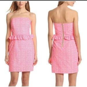 Lilly Pulitzer Pink Gingham Strapless Dress Peplum Ruffle Mini Size 0